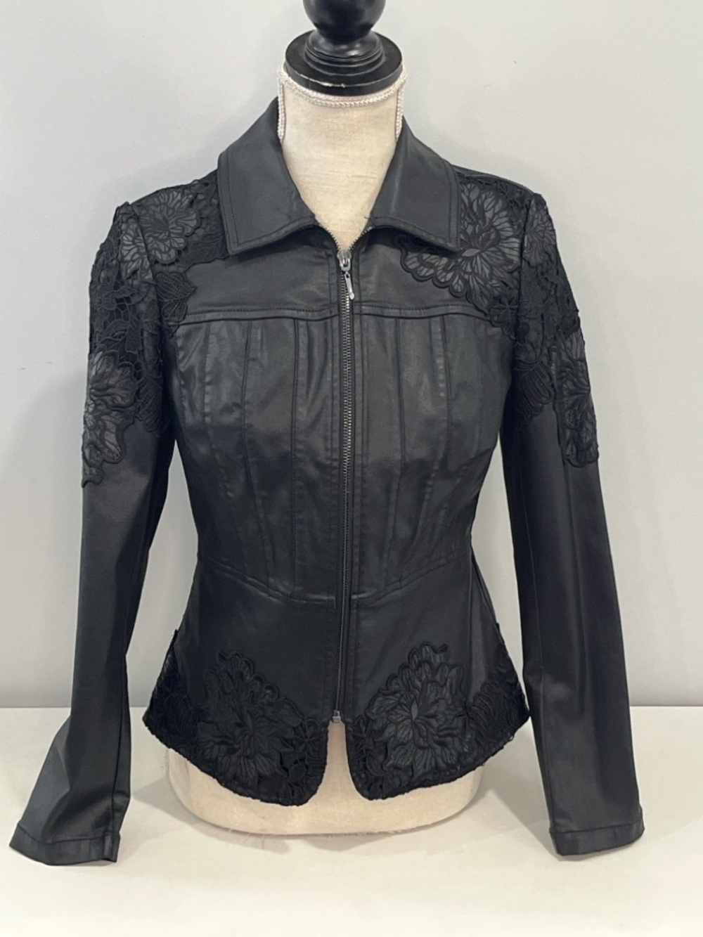 White House Black Market Black Faux Leather Jacket with Floral Lace Appliqué